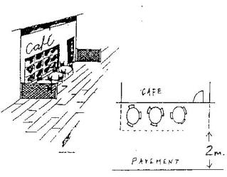 A plan showing how furniture and barriers should be laid out directly outside a business