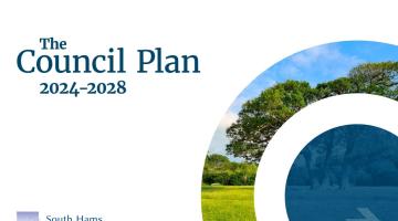 The front cover of the council plan 2024 to 2028, with the South Hams Council logo and two concentric circles, one of which has a field and tree scene in the background.